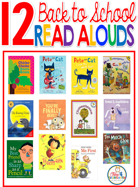 The best back to school read alouds for the first day of school to read to kindergartners and first graders.Selections include Chicka, Chicka Boom Boom, Too Much Gkue, Pete the Cat and more.