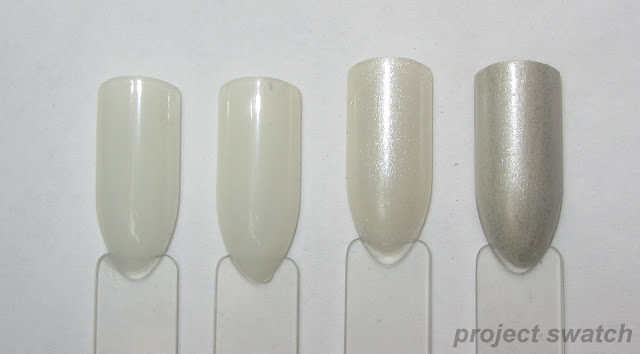 swatches OPI Don't Touch My Tutu, Essie Marshmallow, Wet n Wild Break The Ice, Revlon Aloof