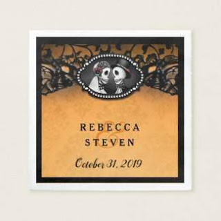 Wedding Skeletons Orange & Black with Names Paper Napkin