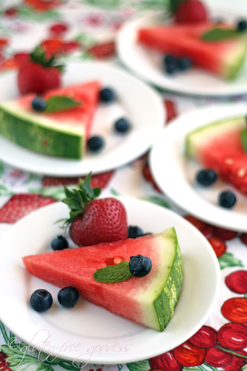 Vegan and easy watermelon slices with summer fruit for dessert