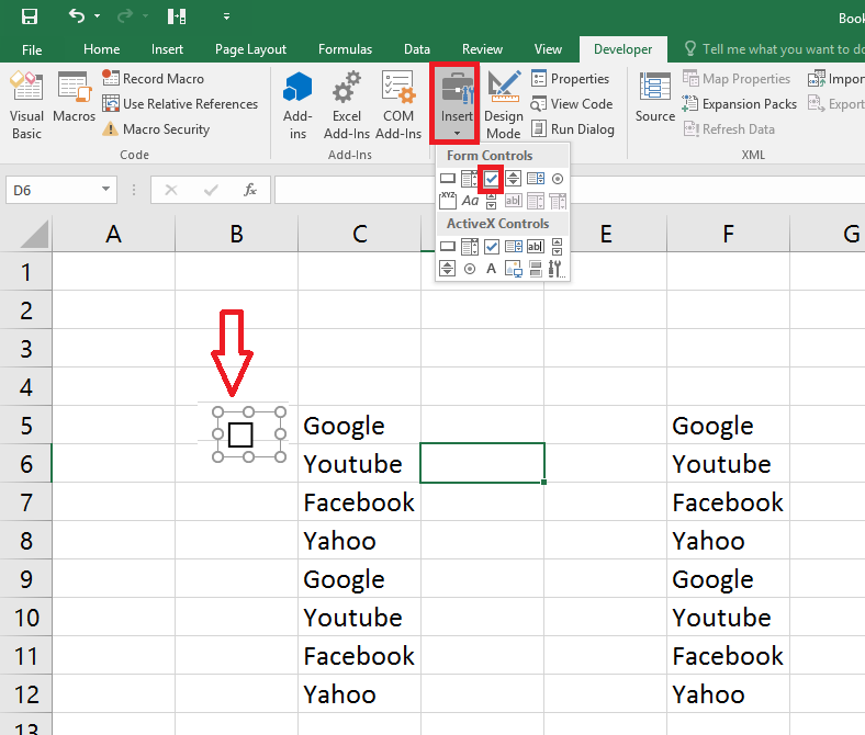 checkbox for excel 2010