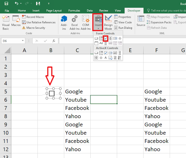 how to put checkbox in excel 2003