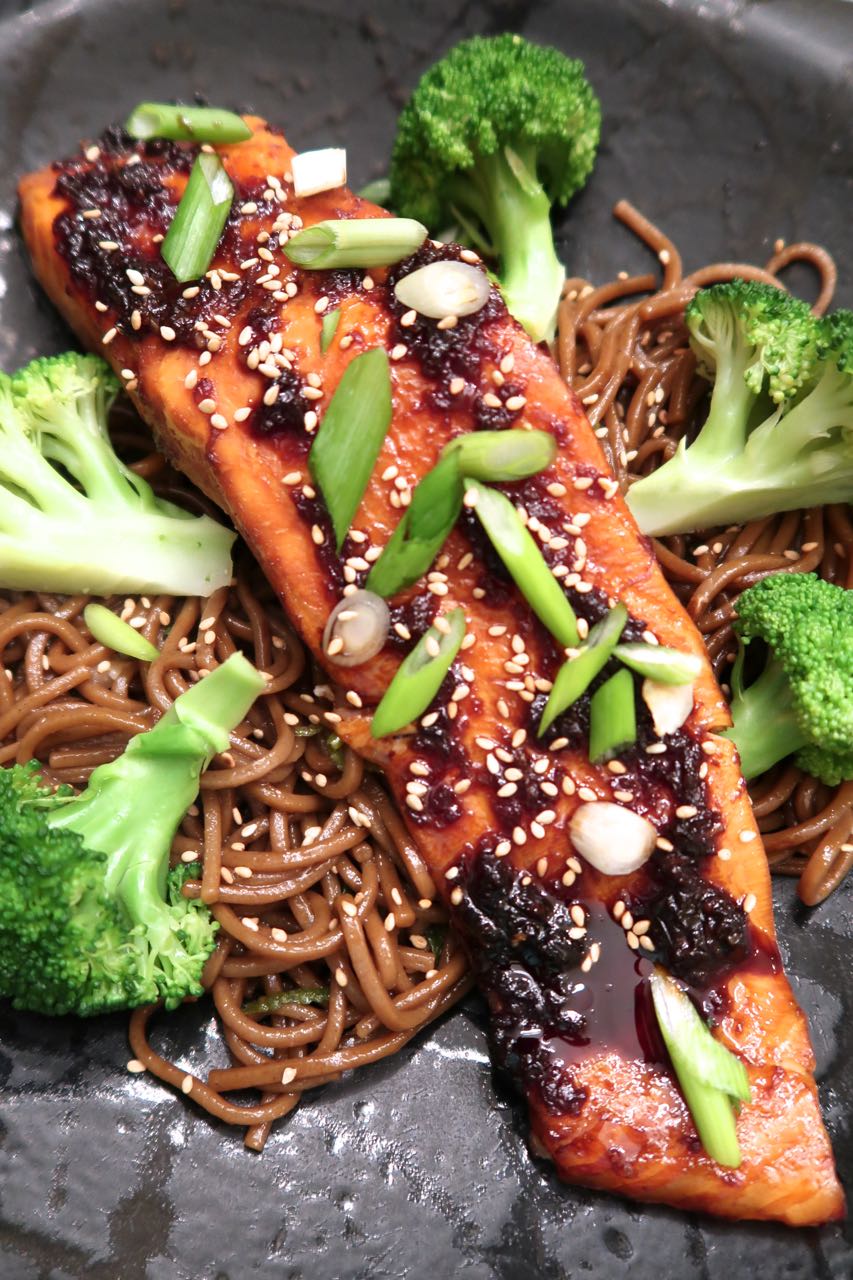 Scrumpdillyicious Salmon Teriyaki with Cold Soba Noodles & Broccoli