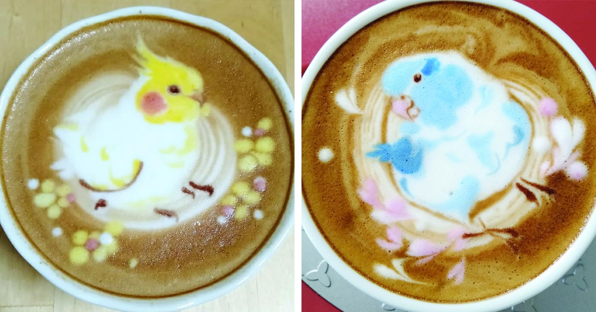 Latte Artist Decorates Coffee With Colorful Bird Illustrations Latte Artist Decorates Coffee With Colorful Bird Illustrations