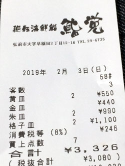 鮨覚 城東店 2019/2/3飲食レシート