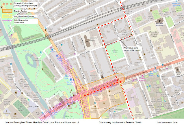 A map of the Mile End area annotated with aspects of the Local Plan