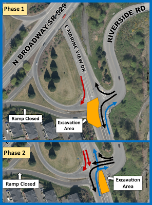 Diagrams on an aerial photo map show that through traffic and turns will be restricted during a cleanup excavation that will block part of East Marine View Drive.