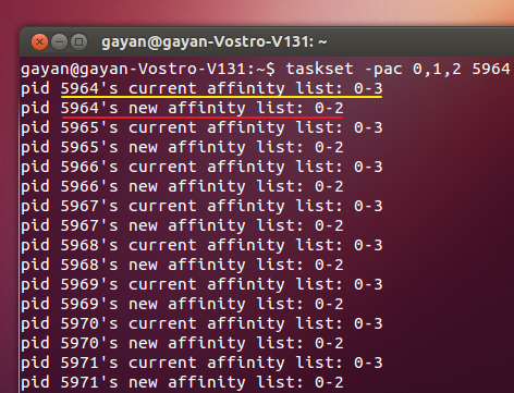'taskset' showing the old and new CPU affinity values