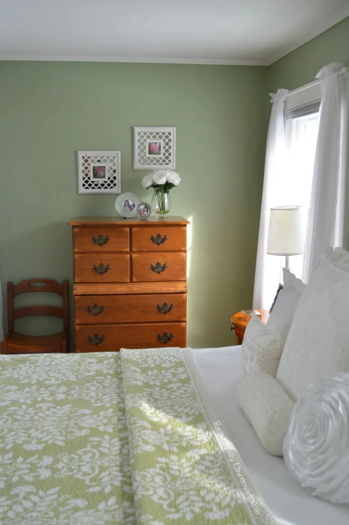 Cottage Style Green and White Master Bedroom 
