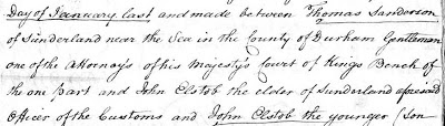 Extract from handwritten document indenturing John Elstob the younger son of John Elstob, Customs Officer to Thomas Sanderson