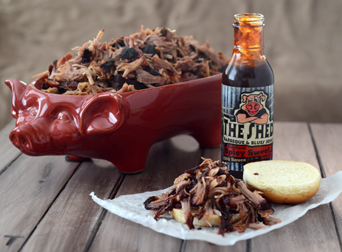 The Shed Spicy Sweet BBQ sauce, pulled pork, 