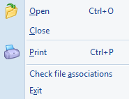 Software file menu. The MessageViewer Lite File Menu. Options are Open, Close, Print, Check file associations or Exit.