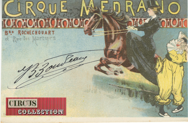 carte postale ancienne avec une écuyère et le clown Boum boum