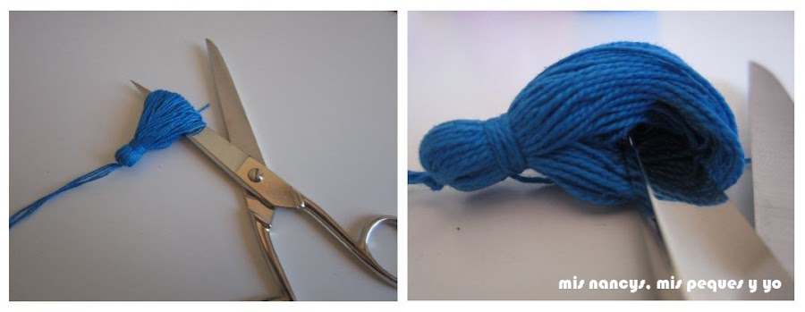 mis nancys, mis peques y yo, tutorial DIY borlas colores cortar hilos