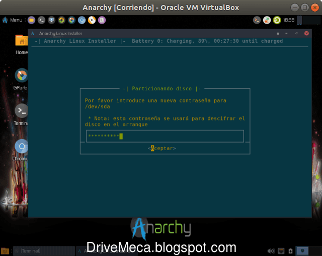 Escribimos la contraseña para cifrado del disco Escribimos la contraseña para cifrado del disco
