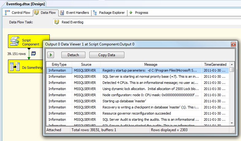 Microsoft SQL Server Integration Services: Eventlog as a source