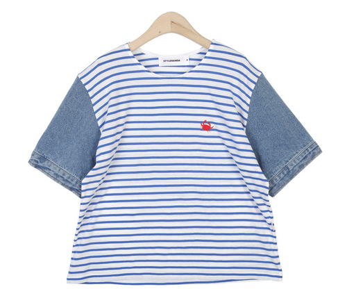 [Stylenanda] Crab Embroidered Stripe Shirt with Denim Sleeves ...