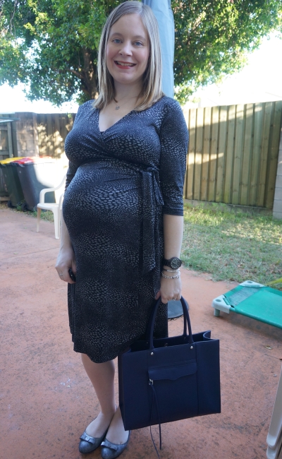 Away From Blue | Third trimester soon maternity printed wrap dress office outfit