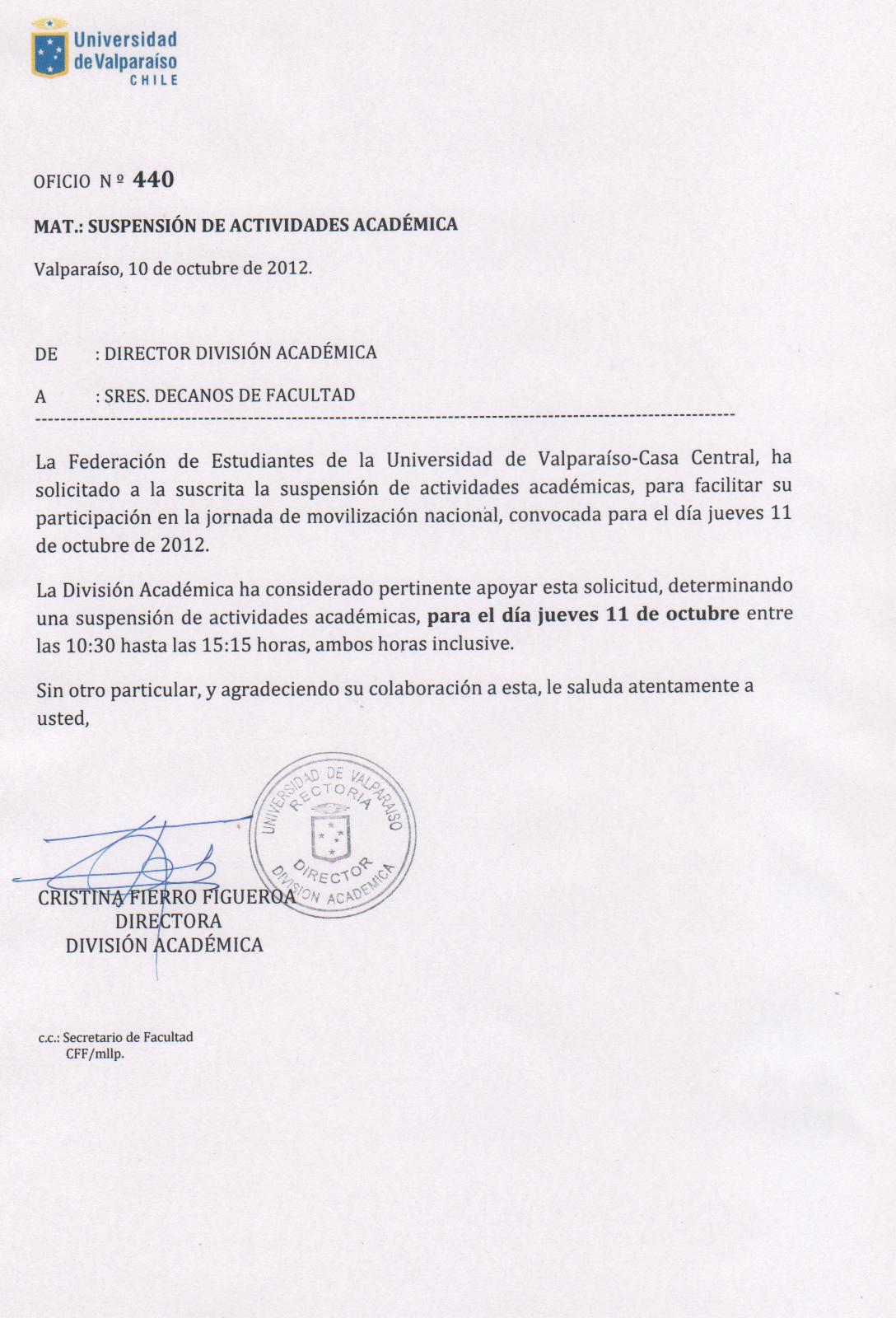 Quinto Año de Enfermeria OFICIO SUSPENSIÓN DE ACTIVIDADES