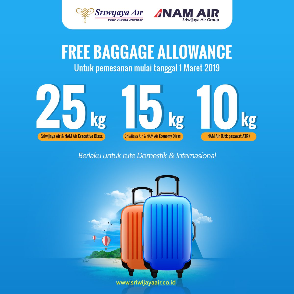 #SriwijayaAir - Promo Free Baggage Allowance & Diskon Spesial 20% Prepaid Baggage