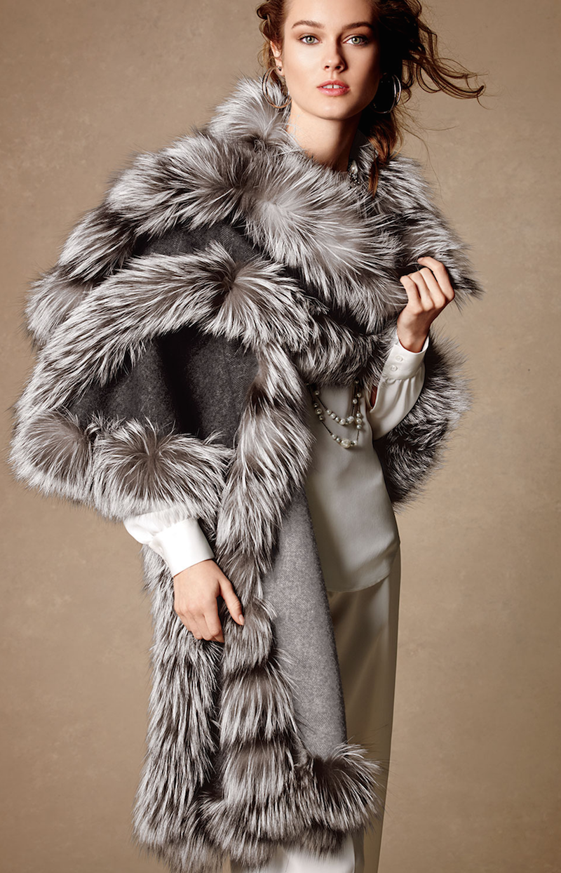 Belle Fare Cashmere Reversible Fox Fur-Trim Cape, Gray/Brown