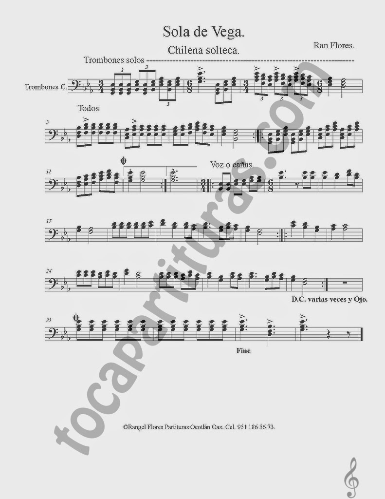 Partitura de Sola de Vega en clave de fa, partitura para trombón, puede servir para instrumentos como chelo, fagot, bombardino, tuba o cualquiera en clave de fa Chilena Solteca