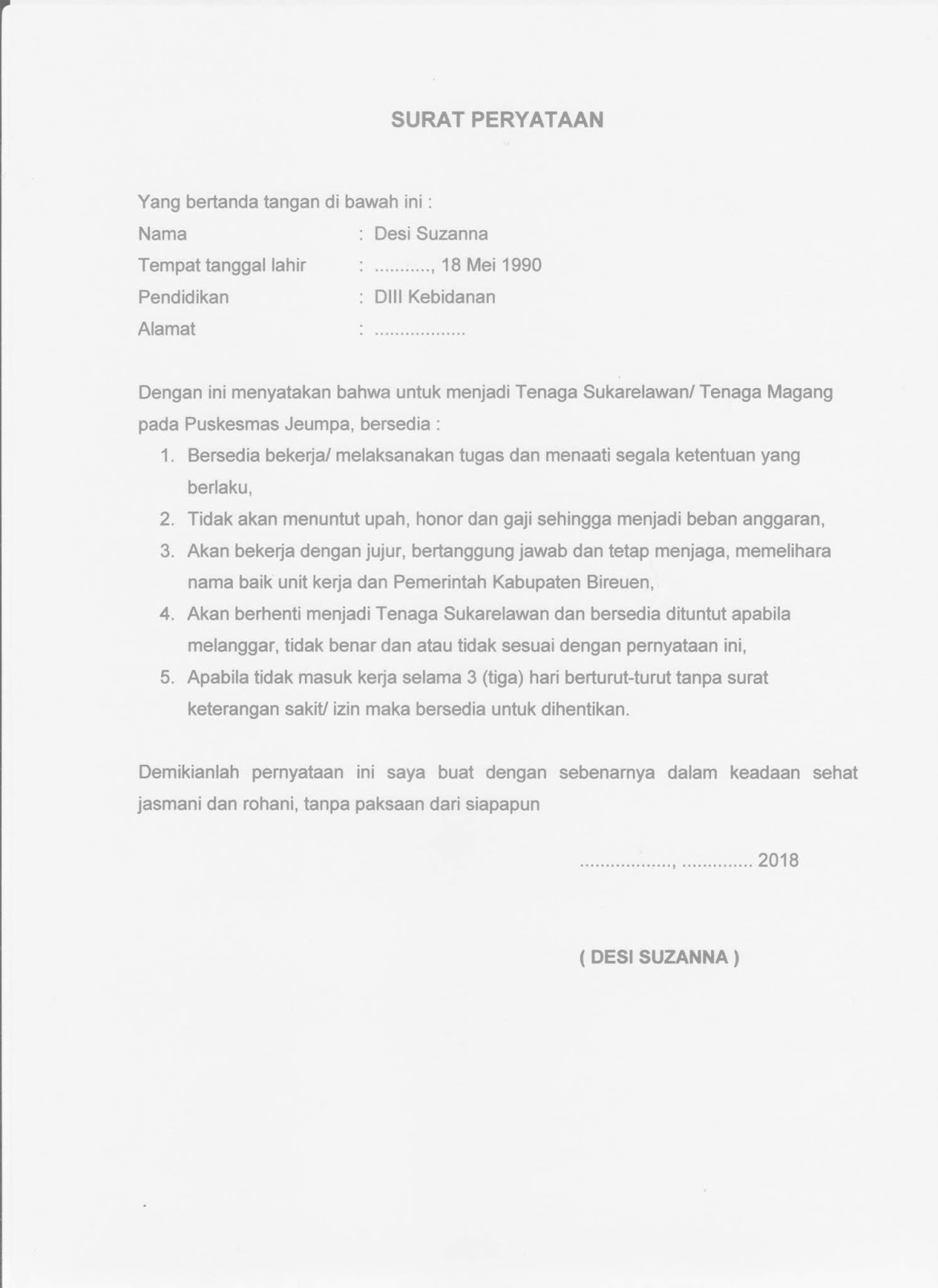 Contoh Surat Pernyataan Untuk Tenaga Magang Di Puskesmas