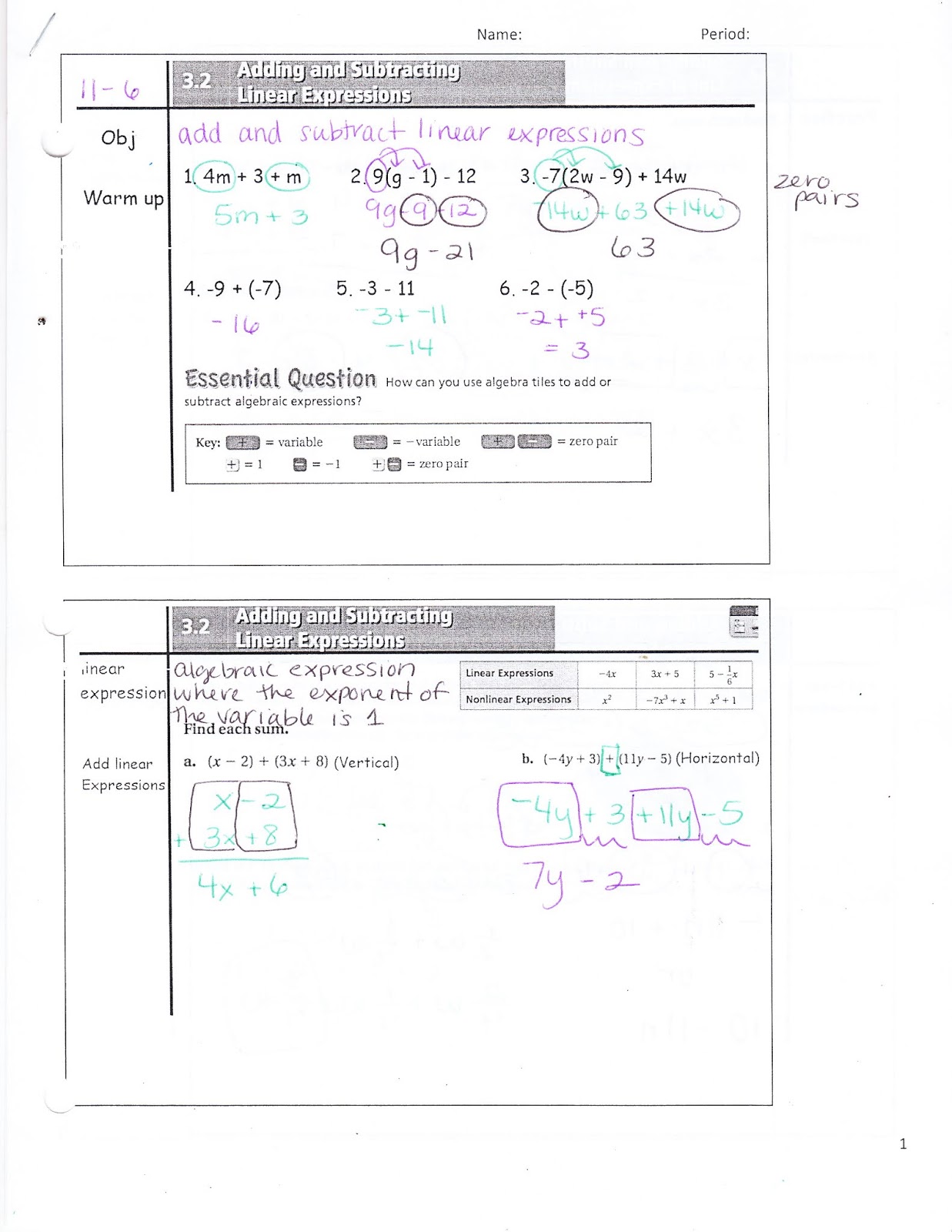 Ms. Jean's Classroom Blog: 3.2 Adding and Subtracting Linear Expressions