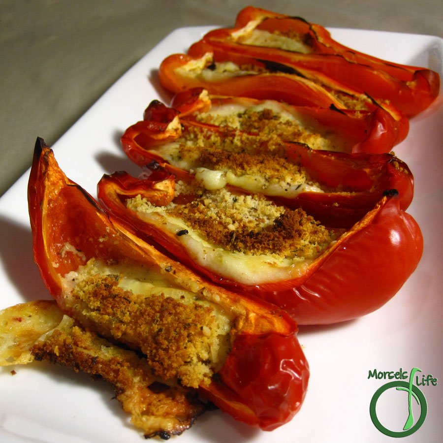 Morsels of Life - Parmesan Peppers - Easy and scrumptious roasted red peppers stuffed with melty Pepper Jack and topped with flavorful Parmesan cheese.