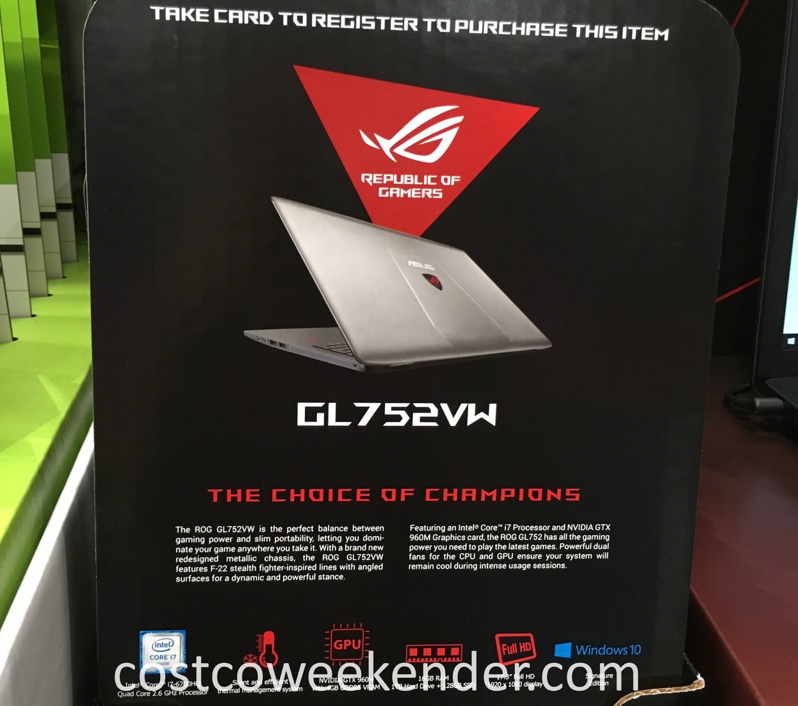 Asus ROG GL752VW 17.3" Gaming Laptop Computer Costco Weekender