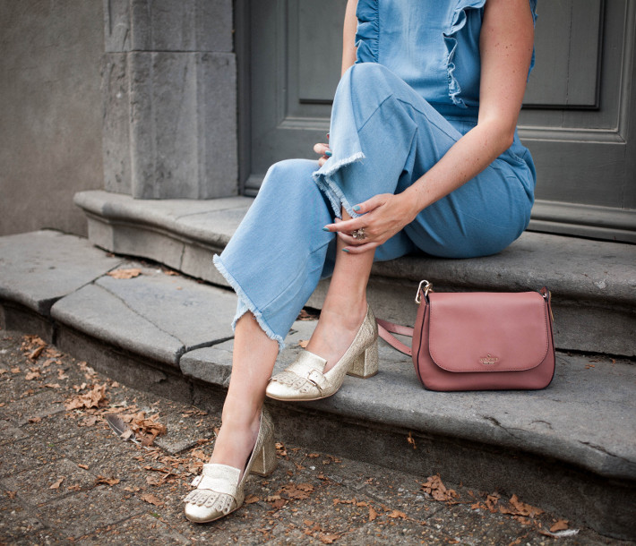 Outfit: ruffled jumpsuit, gucci inspired gold loafer pumps, pink kate spade bag