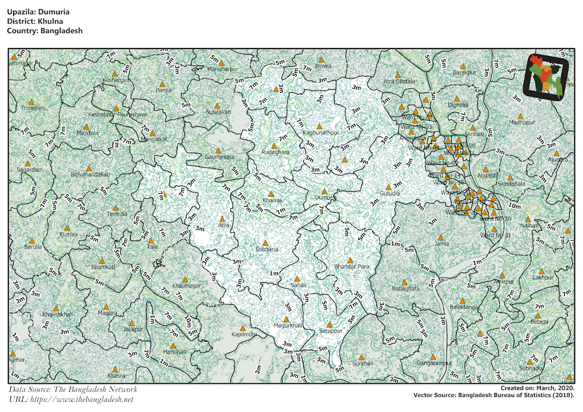 Dumuria Upazila Elevation Map Khulna District Bangladesh