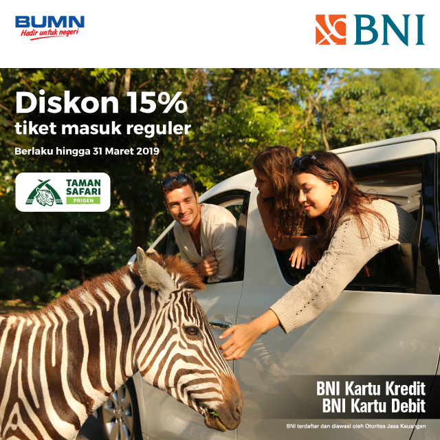 Bank BNI - Promo Diskon 15% Tiket Masuk Reguler Taman Safari Prigen (s.d 31 Mar 2018) Bank BNI - Promo Diskon 15% Tiket Masuk Reguler Taman Safari Prigen (s.d 31 Mar 2018)