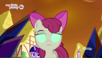 Apple Bloom looks at the camera with blank, light green eyes. Twilight behind her left shoulder. Ominous brown sky
