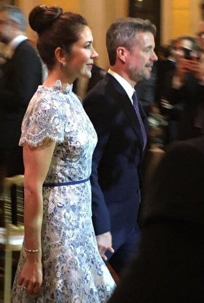 Princess Marie wore a metallic tulle midi dress by Christopher Kane. Crown Princess Mary wore a print lace dress by Elsa Adams