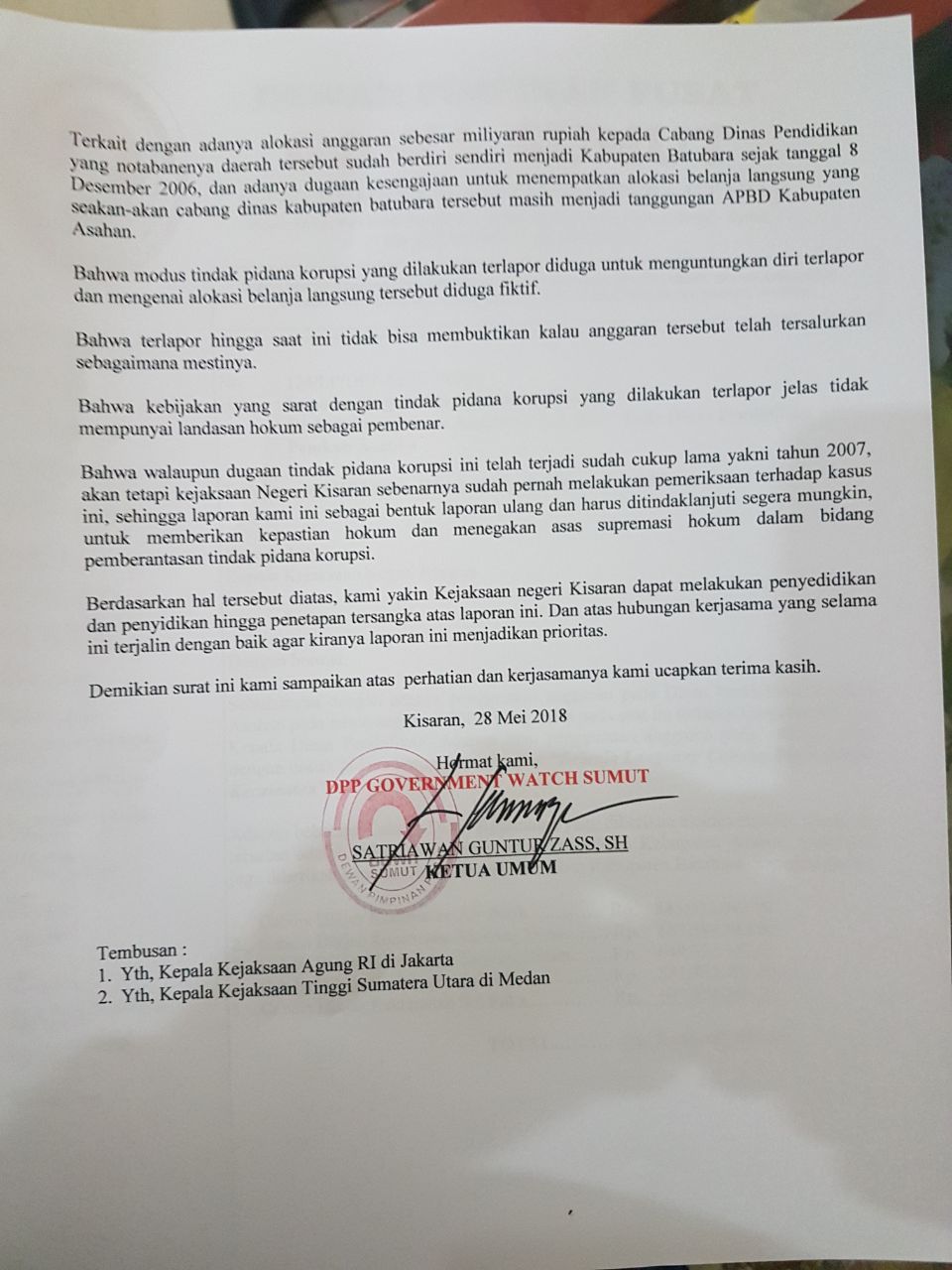 Surat pengaduan Gowa Sumut ke Kejari Kisaran. Surat pengaduan Gowa Sumut ke Kejari Kisaran.