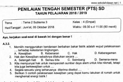 Soal Ulangan PTS Kelas 4 Tema 2 Subtema 3 