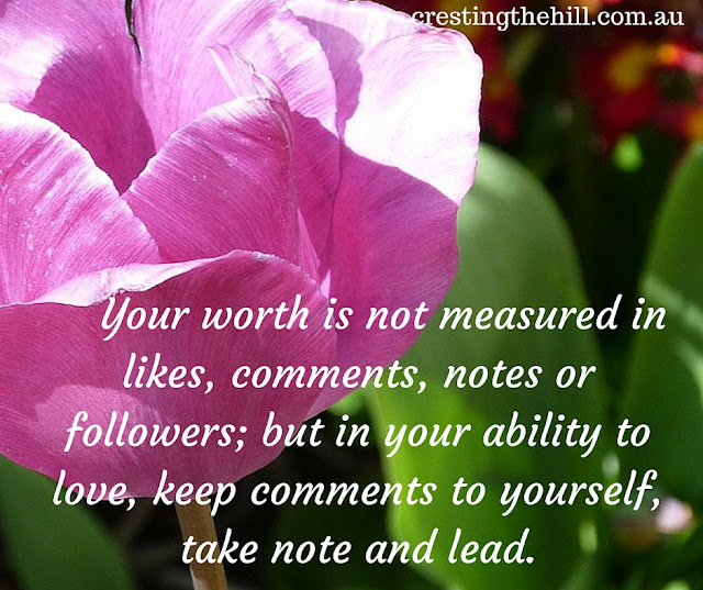 Your worth is not measured in likes, comments, notes or followers; but in your ability to love, keep comments to yourself, take note and lead.
