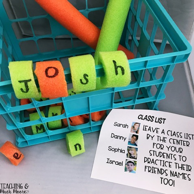 Create a center for your students where they will build their name or their friends names with pool noodles and a crate.