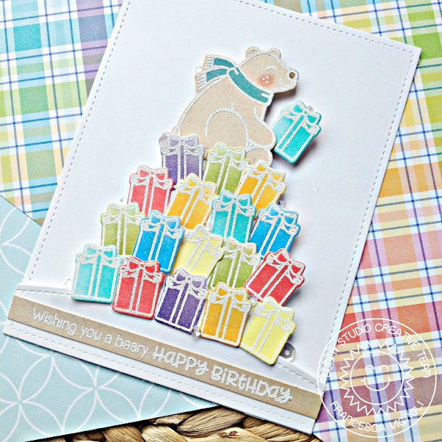 Sunny Studio Stamps: Playful Polar Bear Rainbow Stacked Presents Birthday Card by Franci Vignoli