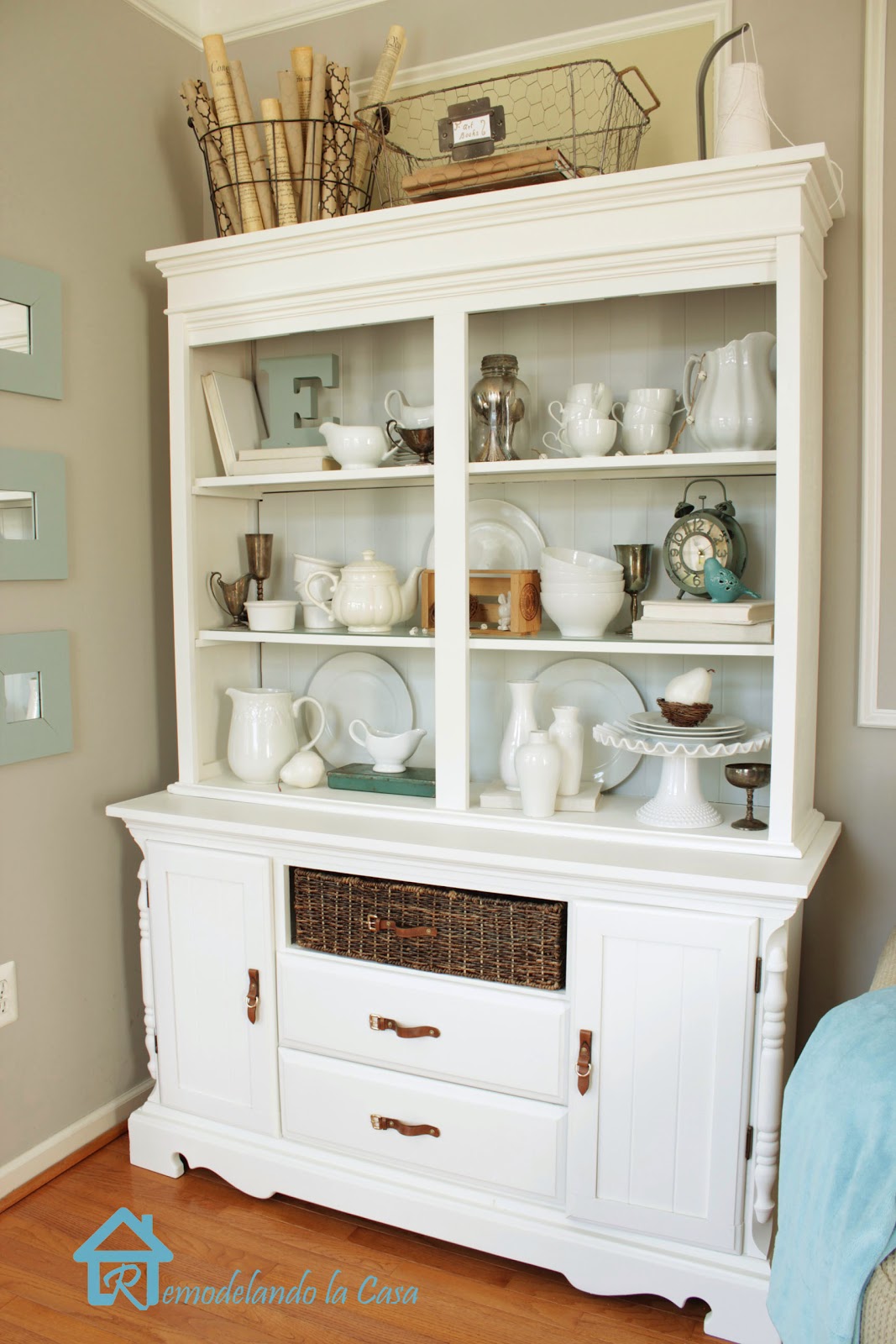 how to transform an old dark hutch with paint and moldings