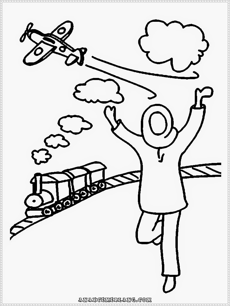 mewarnai gambar anak cemerlang bermain pesawat dan kereta api