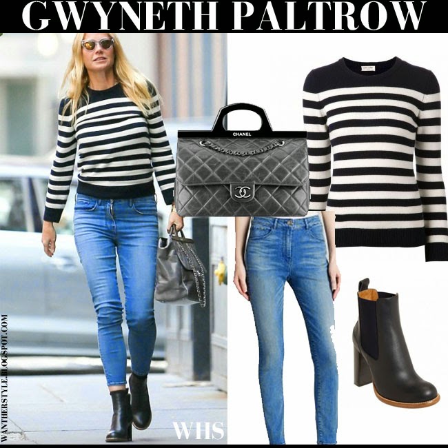 Gwyneth Paltrow in striped sweater, blue skinny jeans and black ankle ...