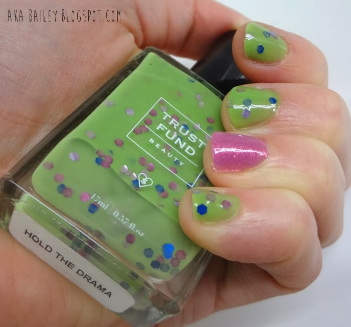 Trust Fund Beauty Nail Polish in Hold the Drama, Green polish with multi colored hex