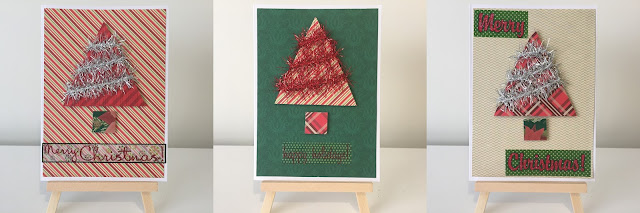 Paper and tinsel handmade Christmas trees embellishments for DIY cards