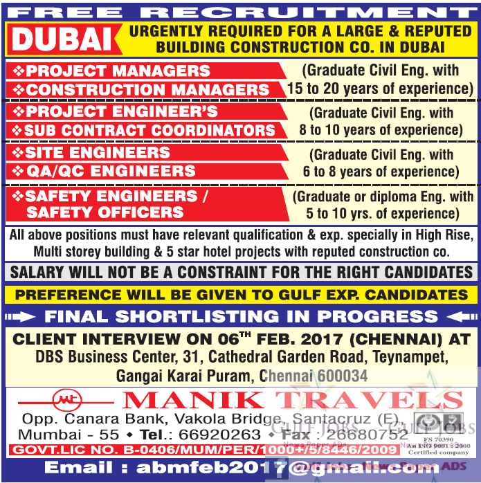 Large & Reputed Building construction co Jobs for Dubai Free