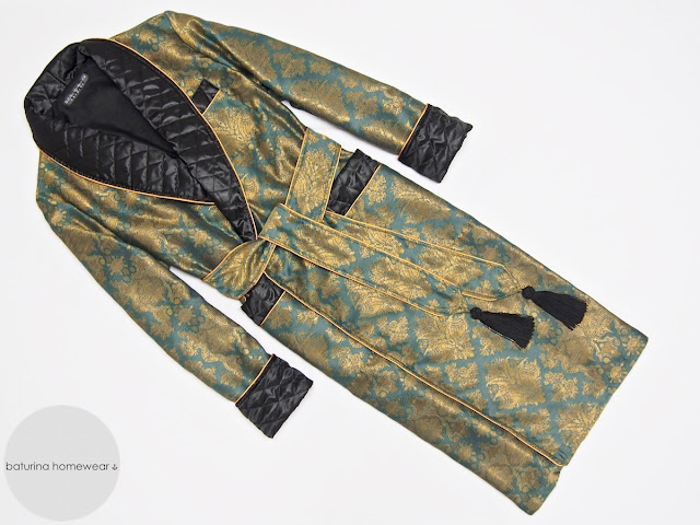 Gentleman's dressing gown with quilted shawl collar in extra long floor length and luxury black and gold paisley silk men's robe