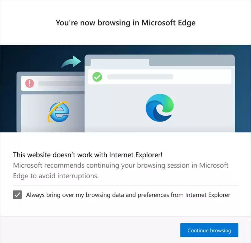 Redirection from Internet Explorer to Microsoft Edge for compatibility with modern web sites