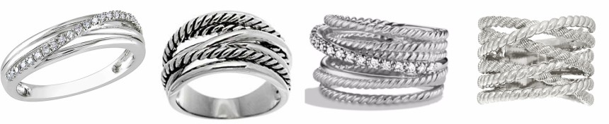 One of these crossover rings is from David Yurman for $825 and the other three are under $75. Can you guess which ring is the "real thing"?