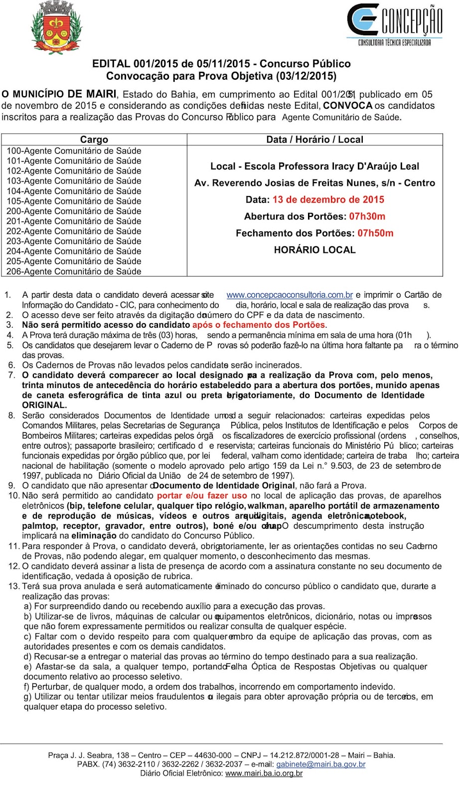 Edital de convocação do Concurso de Agente Comunitário de Saúde de